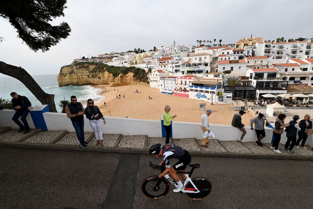LAGOAPRAIA DO CARVOEIRO ALGARVE PORTUGAL FEBRUARY 19 Simon Pellaud of Switzerland and Tudor Pro Cycling Team sprints during the 49th Volta ao Algarve em Bicicleta 2023 Stage 5 a 244km individual time trial stage from Lagoa to Lagoa VAlgarve2023 on February 19 2023 in Lagoa Algarve Portugal Photo by Tim de WaeleGetty Images