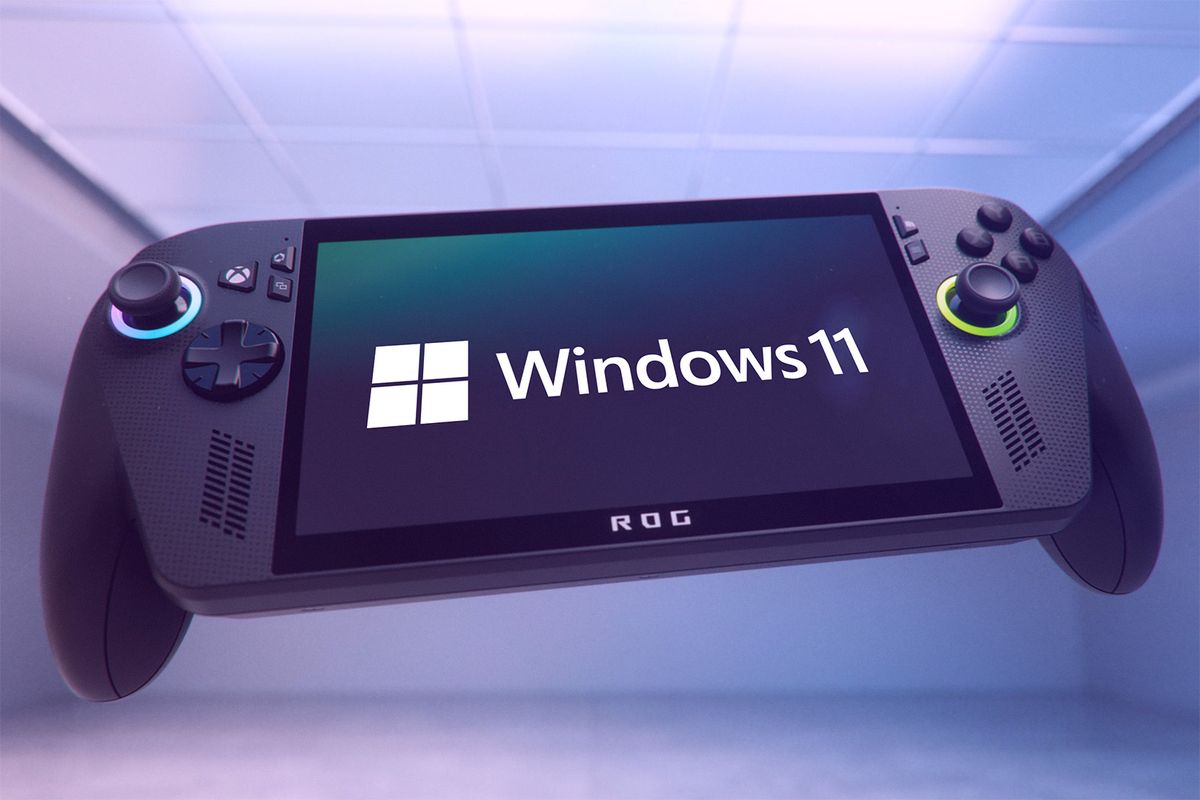 ASUS ROG Xbox Ally X with Windows 11 logo superimposed on its display