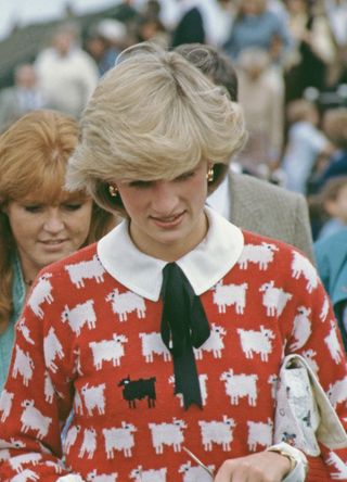 Princess Diana wearing her 'Black Sheep' sweater