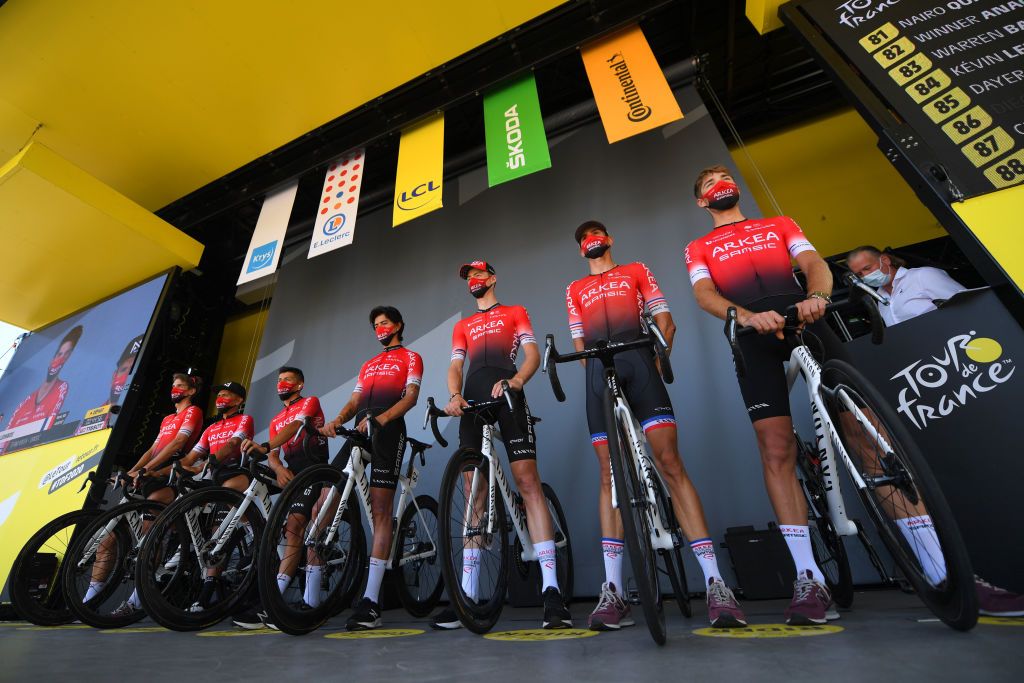 CHAMPAGNOLE FRANCE SEPTEMBER 18 Start Winner Andrew Anacona of Colombia Warren Barguil of France Kevin Ledanois of France Dayer Uberney Quintana Rojas of Colombia Nairo Quintana Rojas of Colombi Clement Russo of France Connor Swift of United Kingdom and Team Arkea Samsic Mask Covid safety measures Team Presentation during 107th Tour de France 2020 Stage 19 a 1665km stage from Bourg en Bresse to Champagnole 547m TDF2020 LeTour on September 18 2020 in Champagnole France Photo by Tim de WaeleGetty Images