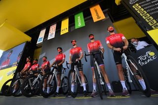 CHAMPAGNOLE FRANCE SEPTEMBER 18 Start Winner Andrew Anacona of Colombia Warren Barguil of France Kevin Ledanois of France Dayer Uberney Quintana Rojas of Colombia Nairo Quintana Rojas of Colombi Clement Russo of France Connor Swift of United Kingdom and Team Arkea Samsic Mask Covid safety measures Team Presentation during 107th Tour de France 2020 Stage 19 a 1665km stage from Bourg en Bresse to Champagnole 547m TDF2020 LeTour on September 18 2020 in Champagnole France Photo by Tim de WaeleGetty Images