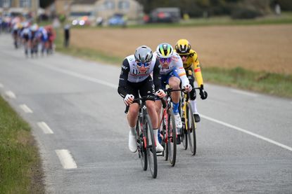 Tadej Pogačar at the front of a small group on stage 1 of Paris-Nice.