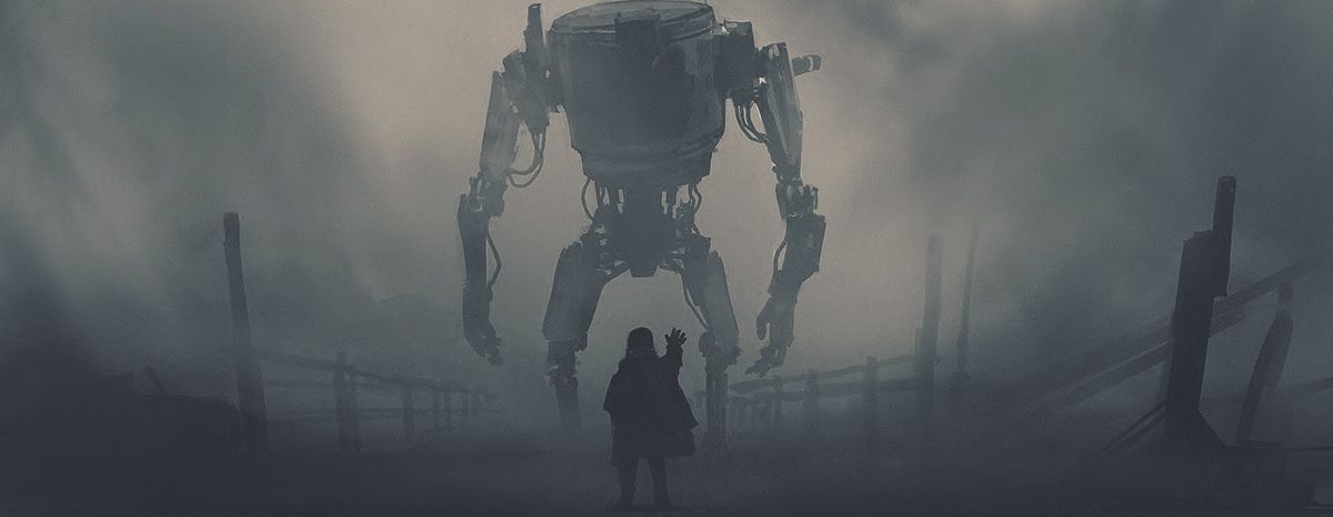 The Creator; a small child stands in front of a large robot