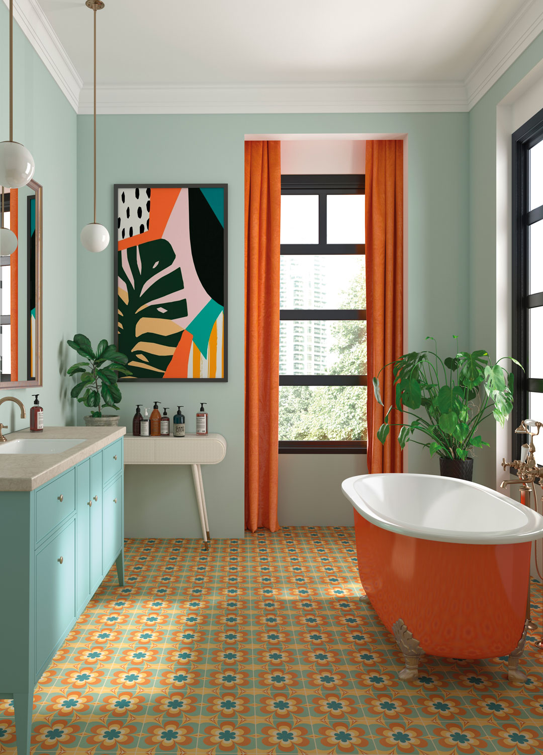 bright coloured bathroom with orange freestanding bath and pale blue vanity unit with patterned tiled floor