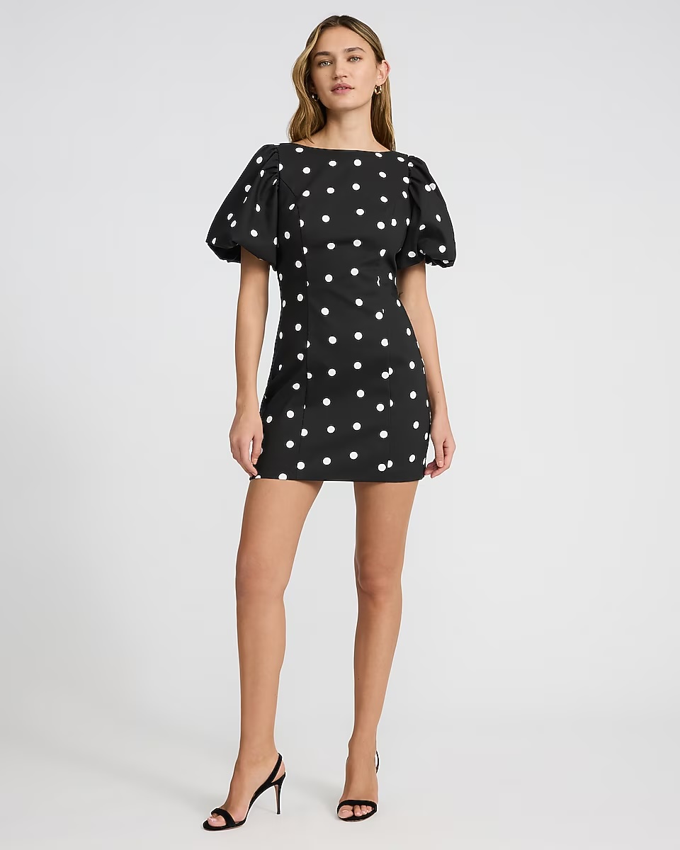 express, Stretch Cotton Polka Dot Puff Sleeve Mini Sheath Dress