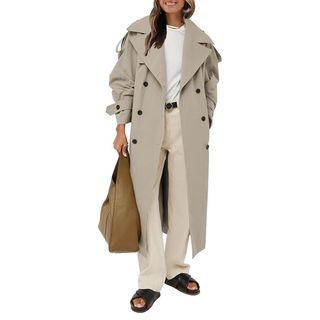 Farktop Womens Oversized Long Trench Coat Double Breasted Lapel Windproof Overcoat With Belt