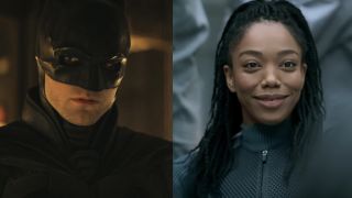 Robert Pattinson suited up in The Batman, Naomie Ackie wearing a grey jumpsuit and smiling in Micky 17.