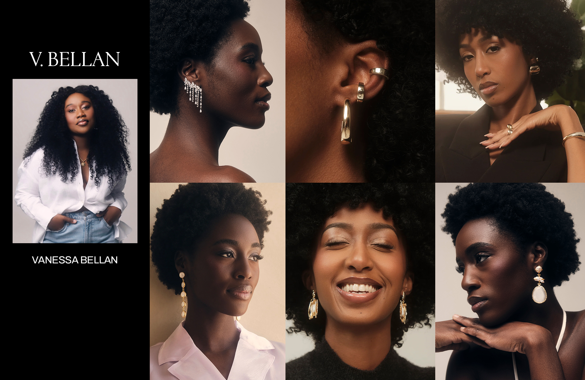 A collage featuring a portrait of Vanessa Bellan and models wearing V.Bellan gold hoop earrings, chandelier earrings, and crystal fringe earrings.