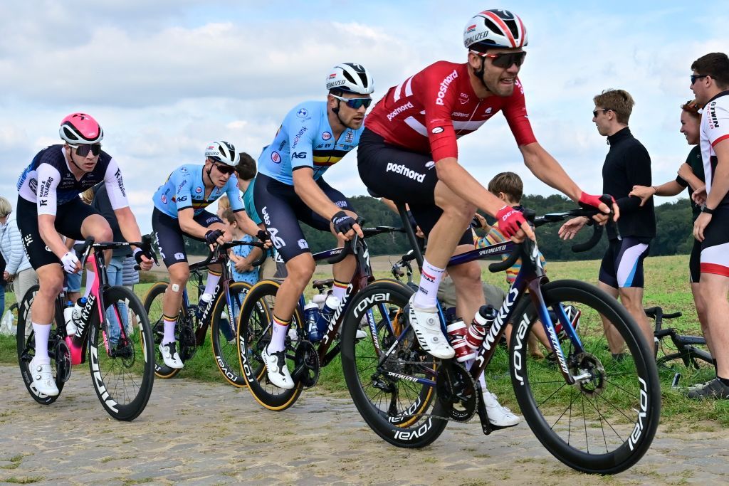 Belgian Tim Merlier and Belgian Van Lerberghe Bert pictured in action during the Men's Elite Road Race at the European Championship 2024, in Hasselt, Sunday 15 September 2024. The UEC Road European Championships 2024 will take place from 11 to 15 september in Limburg, Belgium. BELGA PHOTO DIRK WAEM (Photo by DIRK WAEM / BELGA MAG / Belga via AFP)