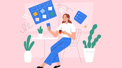 Young woman uses smartphone, digital planner, takes notes, uses personal calendar application, makes check-lists, manages her project, holds cup, drinks coffee in a cafe, vector character illustration