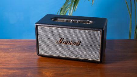 A black Marshall Stanmore IV home speaker