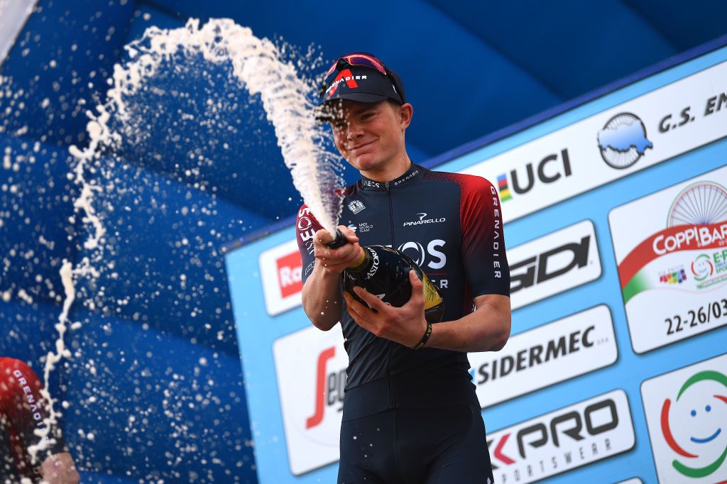 SAN MARINO ITALY MARCH 24 Ben Tulett of United Kingdom and Team INEOS Grenadiers celebrates at podium with champagne as stage winner during the 36th Settimana Internazionale Coppi e Bartali 2022 Stage 3 a 1471km stage from San Marino to San Marino 648m CoppieBartali on March 24 2022 in San Marino Italy Photo by Dario BelingheriGetty Images