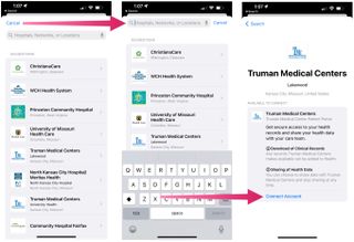 To share with your doctor, search for the location of your doctor. Choose Connect Account if the location supports Health app sharing. Follow additional instructions.