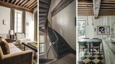 a centuries-old French townhouse designed for modern owners - trio of images of the living room, staircase, and kitchen