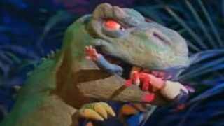 Claymation T-Rex in Jurassic Park music video