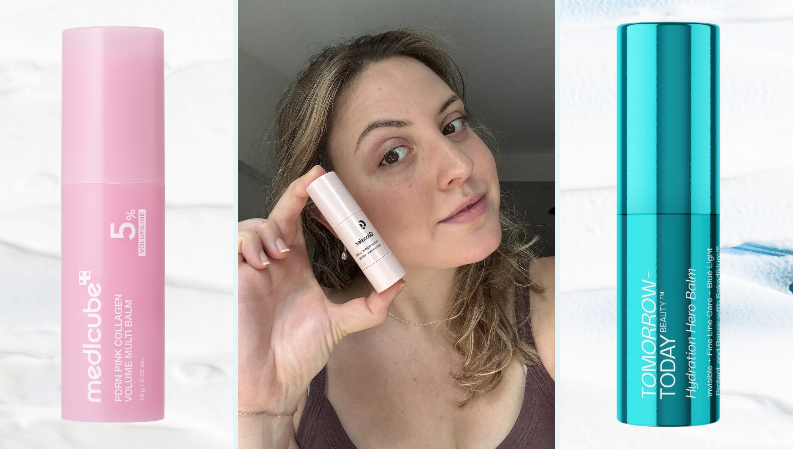 a balm skincare background with a framed photo of a girl with brown-blonde hair holding a pink serum stick with two oversized pink and blue serum sticks next to her