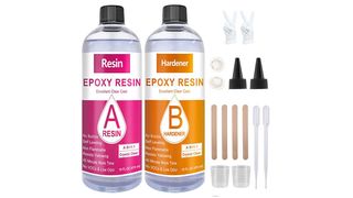 Epoxy resin kit, including resin and supplies.