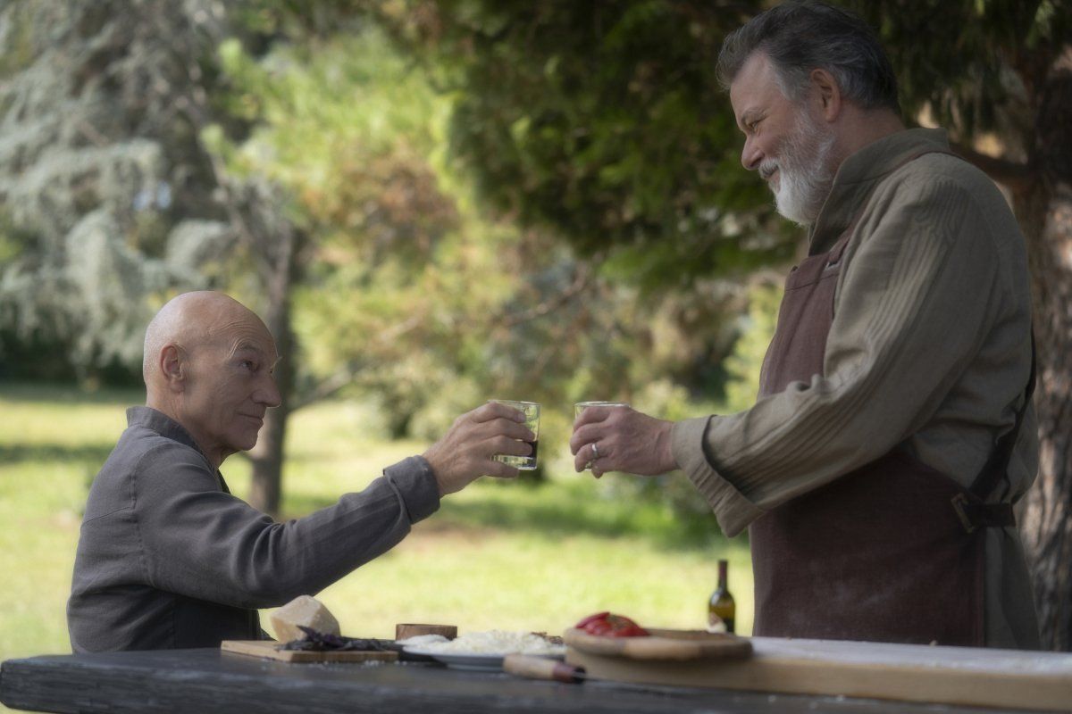 Sir Patrick Stewart as Jean-Luc Picard; Jonathan Frakes as Riker