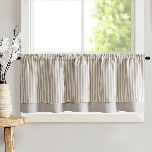 Topick Striped Short Kitchen Pelmet Curtains 18 Inch Drop, Small Cafe Curtains, Rod Pocket Blackout Double Layer Valance for Bedroom, Sink, Living Room, Cupboard, 1 Panel, Taupe on Beige, W50xl18 Inch