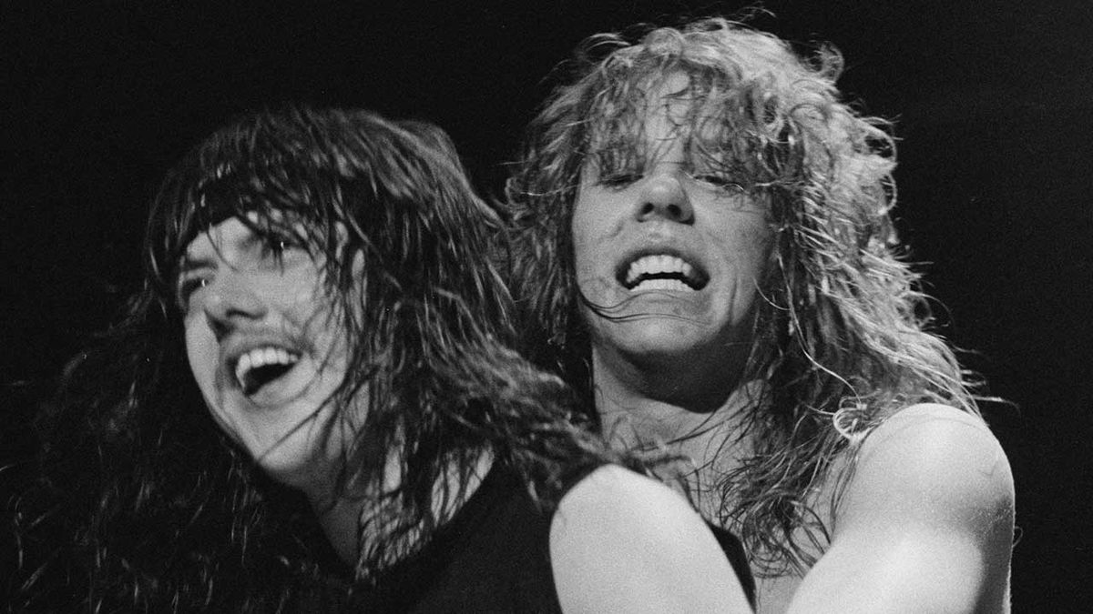 Singer and guitarist James Hetfield (right) and drummer Lars Ulrich of American heavy metal band Metallica at the Aardshock Festival in the Netherlands, February 1984