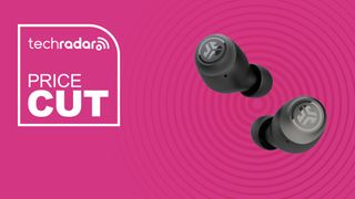 The JLab Go Air Pop on a pink background with text saying Price Cut.