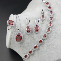 Handmade Set 4 Pc Natural Fire Red Garnet Silver Necklace Bracelet Earrings Ring | $25