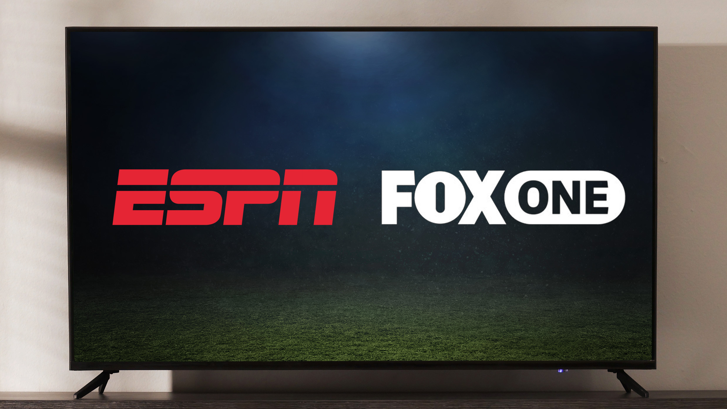 ESPN and Fox One logos superimposed on a TV screen
