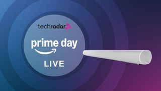 Sonos Arc on multicolored background with the words 'TechRadar: Prime Day Live' positioned on the left side of the image