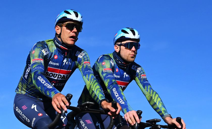 CALPE, SPAIN - JANUARY 08: Jasper Stuyven of Belgium and Team Soudal Quick-Step (L) during the Team Soudal Quick-Step 2026, Media Day on January 08, 2026 in Calpe, Spain. (Photo by Tim de Waele/Getty Images)