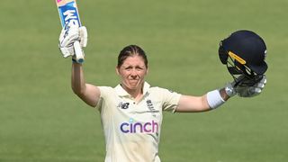 Heather Knight of England celebrates after reaching her century during day two of the Women's Test match in the Ashes series between Australia and England