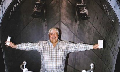 Clive Palmer poses in front of an artist impression of the Titanic II at MGM Studios, Los Angeles: The Australian billionaire promises his new ship will be state-of-the-art -- and safe.
