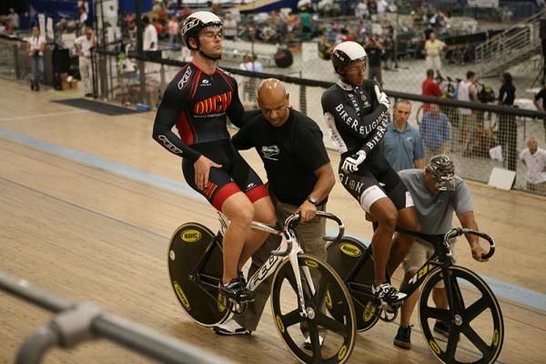 James Watkins (Momentum Coaching Group) and Giddeon Massie (Bike Religion) prepare to start the men's sprint final