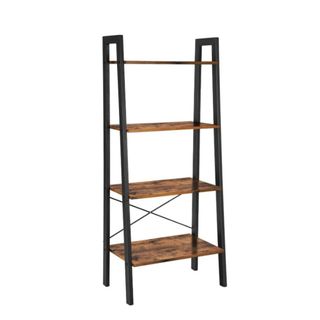 An industrial metal and wood ladder shelf