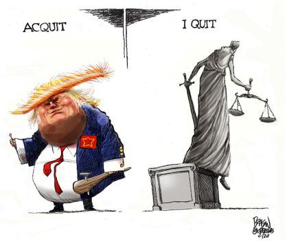Political Cartoon U.S. Trump Lady Justice Senate impeachment acquittal quitting