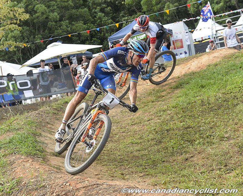 Julien Absalon (BMC Mountainbike Racing Team) and and Mathias Fluckiger (Stockli Pro Team) fighting for 3rd