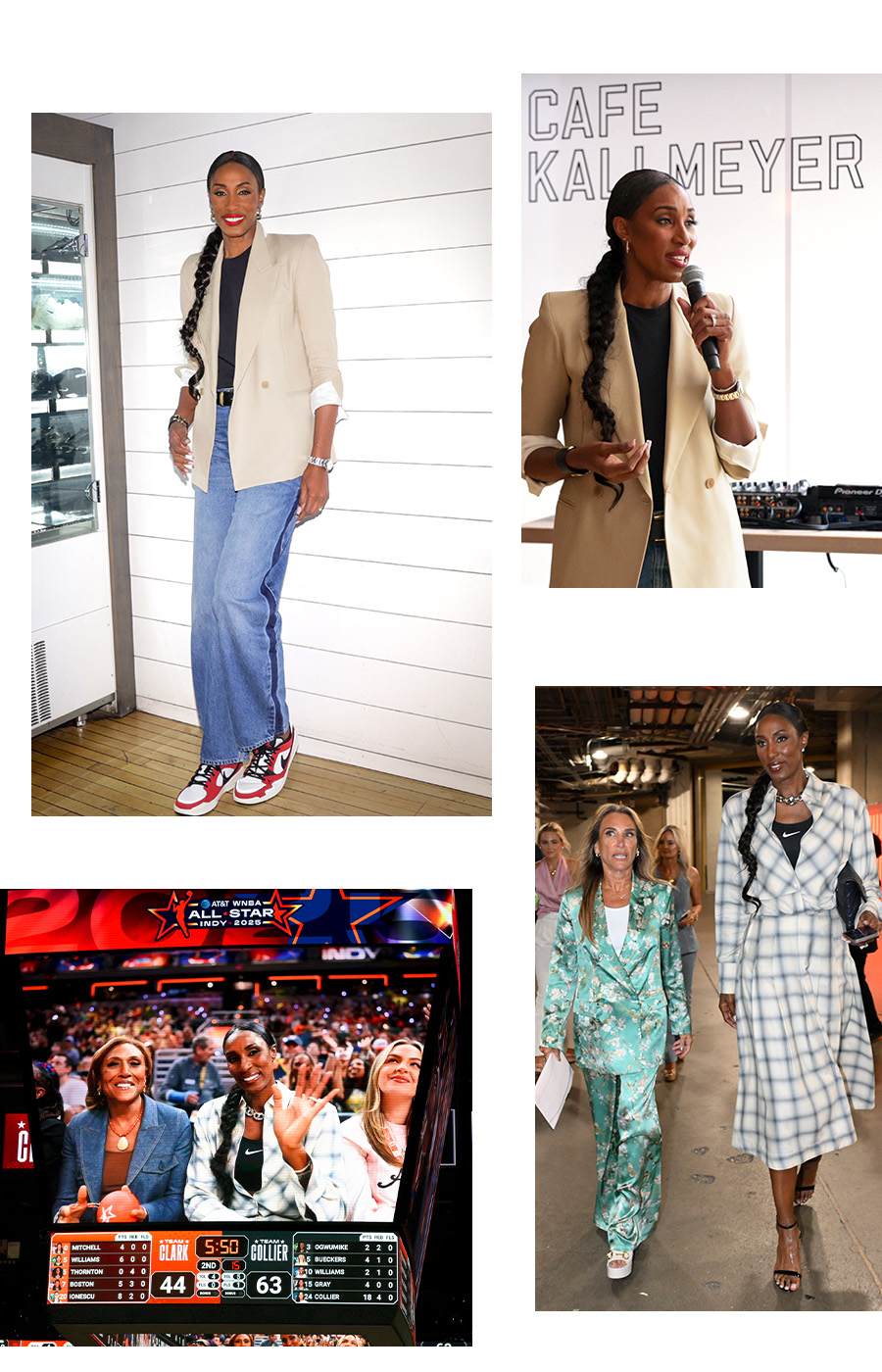 A collage of Lisa Leslie during 2025 WNBA All-Star weekend wearing Kallmeyer and Nike at Café Kallmeyer.