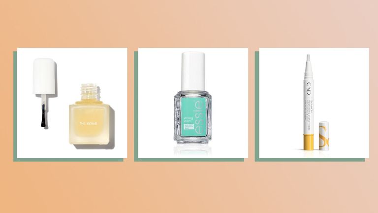 Collage of three of the best nail strengtheners by essie, cnd and tenoven 