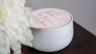 A Google Nest Secure keypad next to a bouquet of flowers