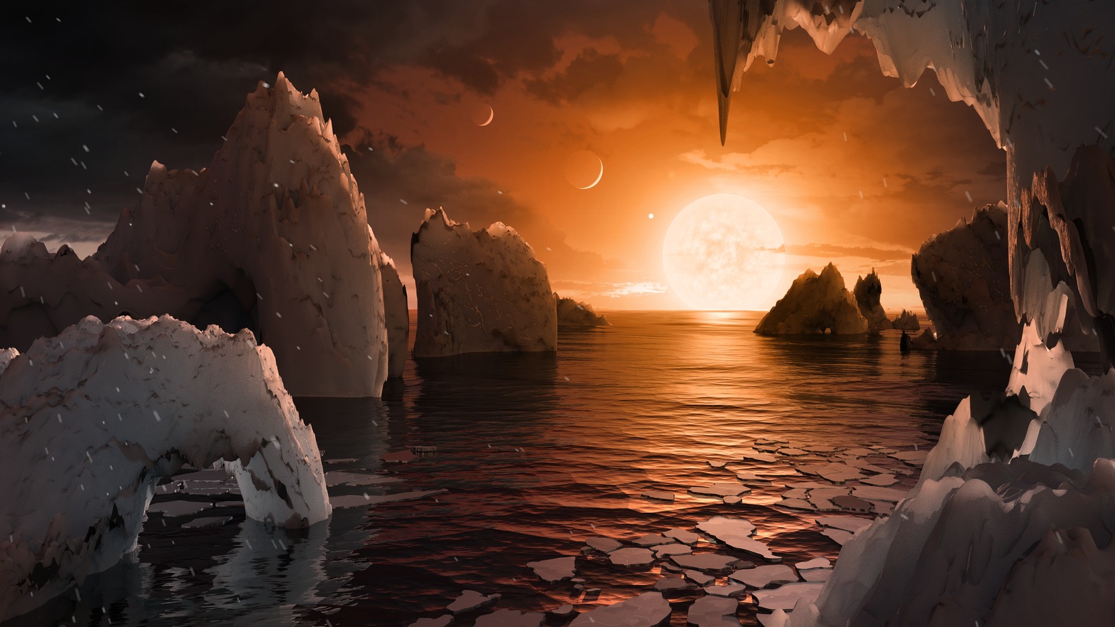 Concept d'artiste de la surface de l'exoplanète TRAPPIST-1f.  Dans cette image, vous voyez plusieurs formations rocheuses dans la mer tandis qu'un soleil éclatant se couche au loin.