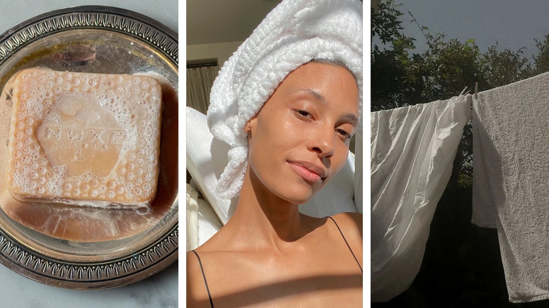 A collage with photos of TyLynn Nyguyen wearing a towel on her head, a bar of soap on a silver dish and a photo of washing drying on a line outside