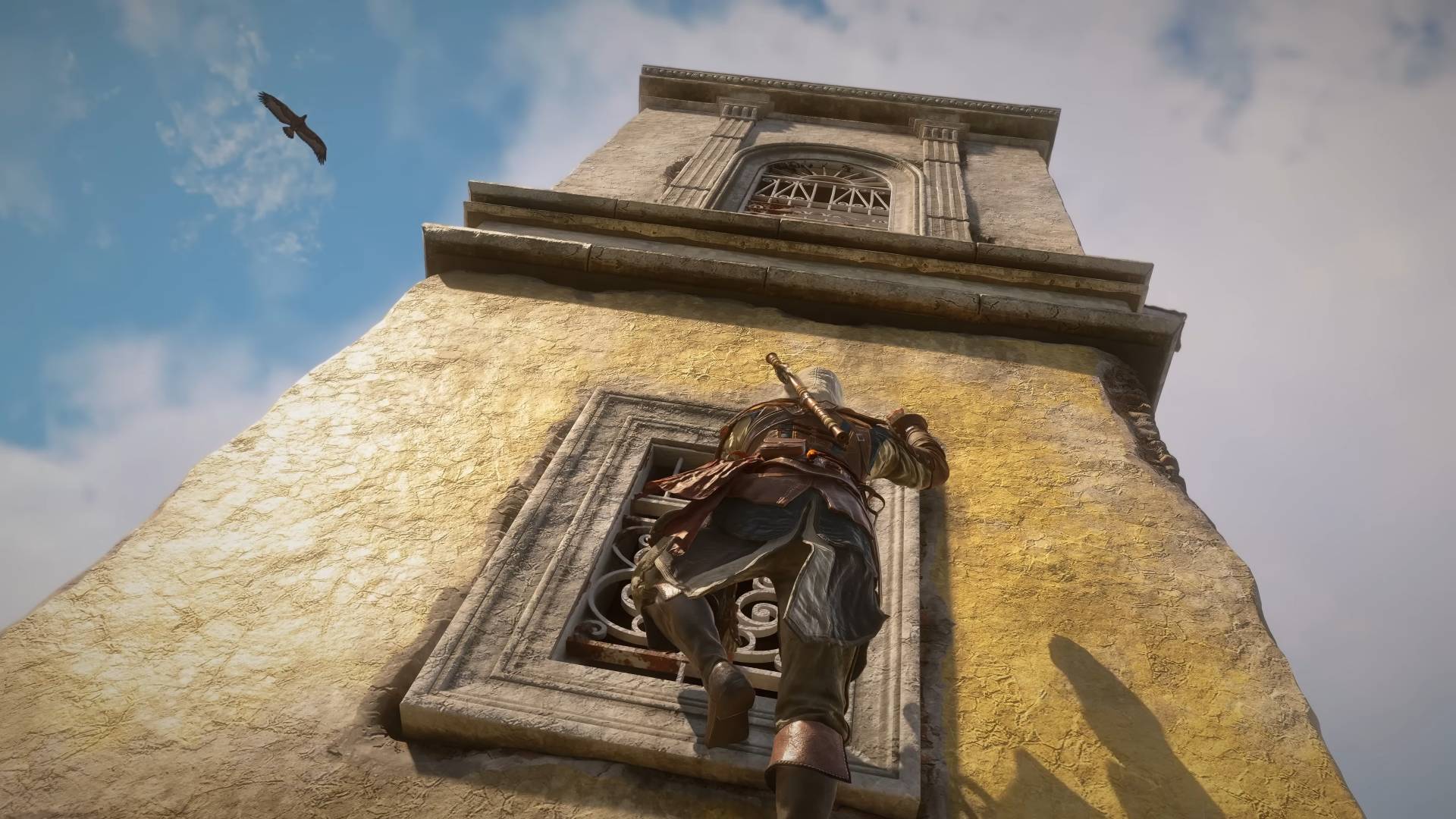 Assassin's Creed Black Flag Resynced screenshot from trailer showing edward kenway climbing up a tower on a Caribbean island while an eagle flies overhead