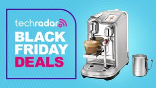 Nespresso coffee machine on blue background with text reading "TechRadar Black Friday Deals"