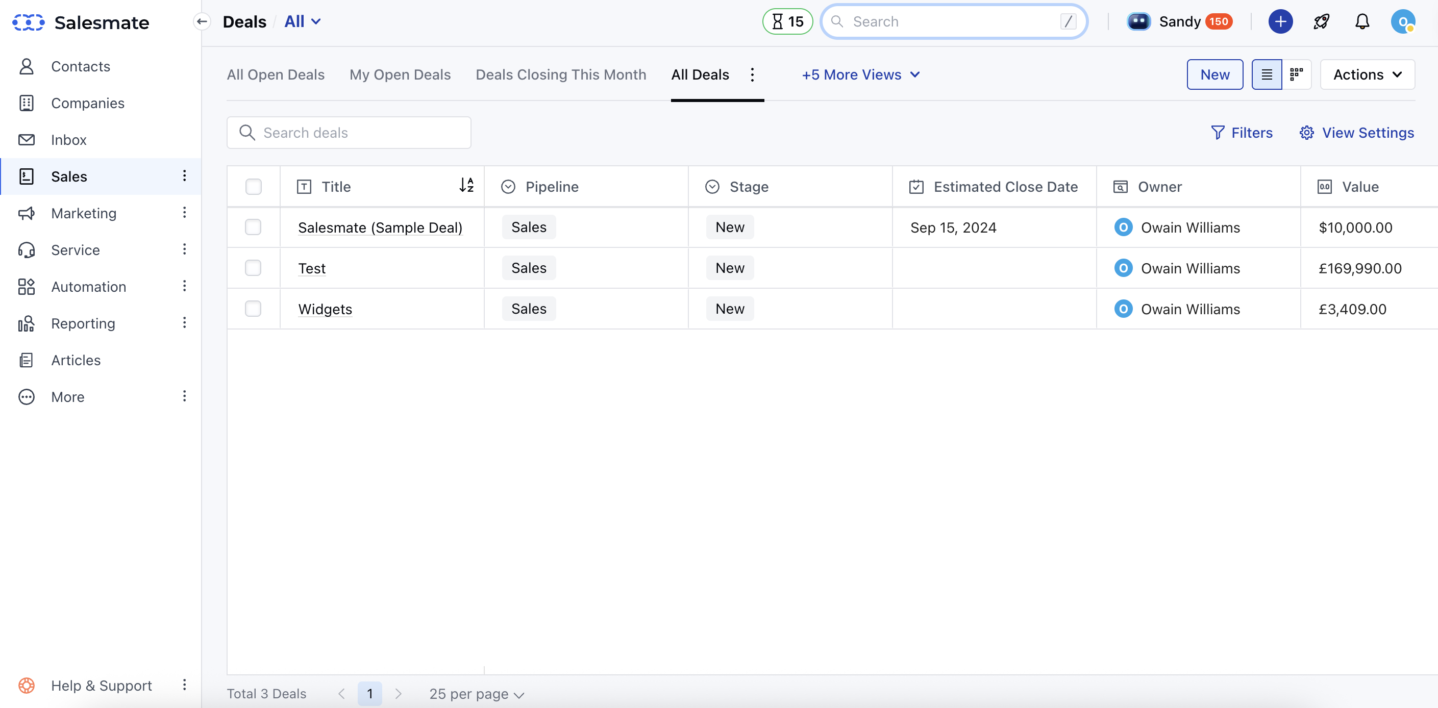 screenshot of Salesmate CRM platform