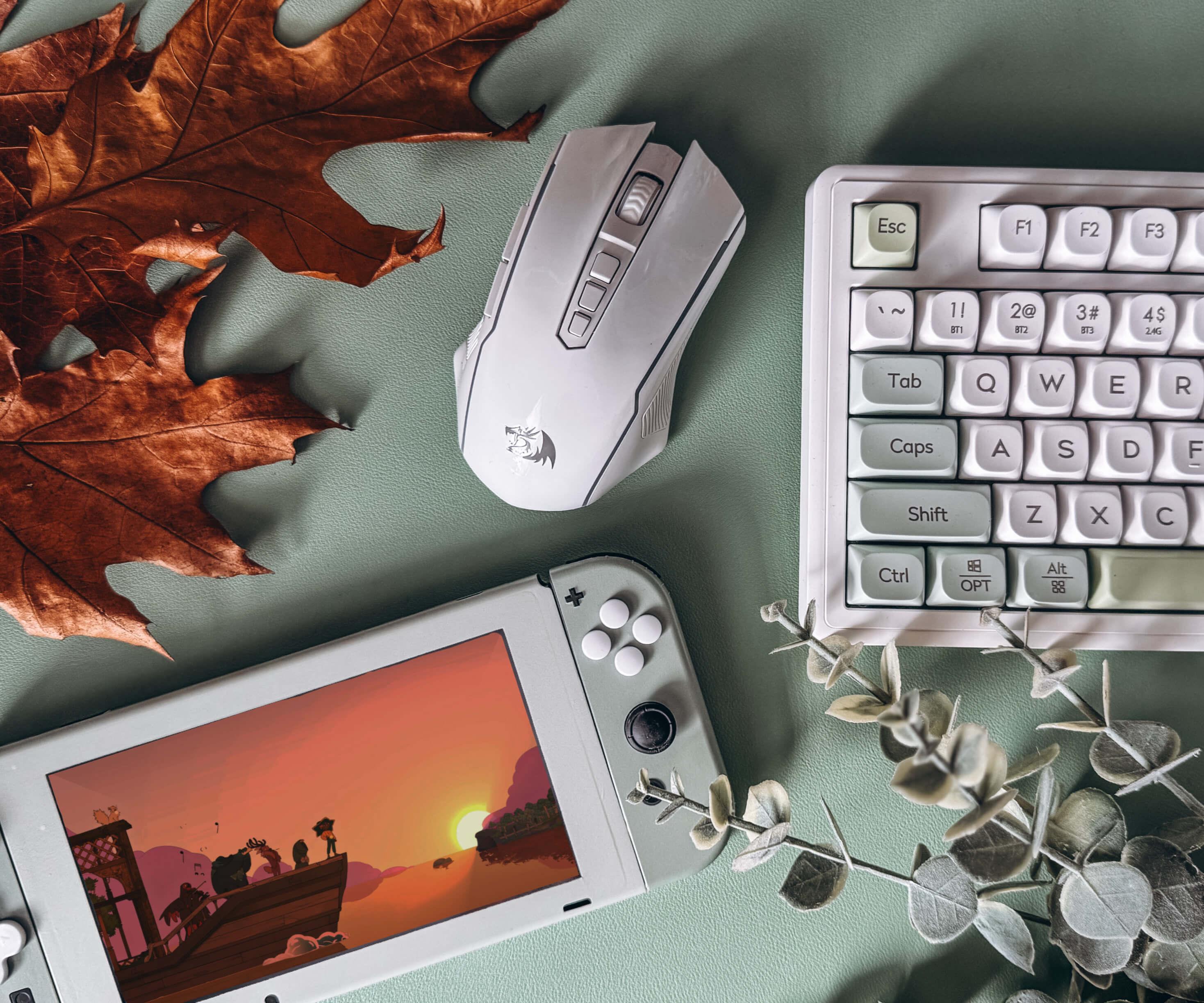  Flat lay of a gaming setup featuring a pastel-themed keyboard, a white gaming mouse, a handheld gaming console displaying a sunset scene, autumn leaves, and eucalyptus on a green surface. 