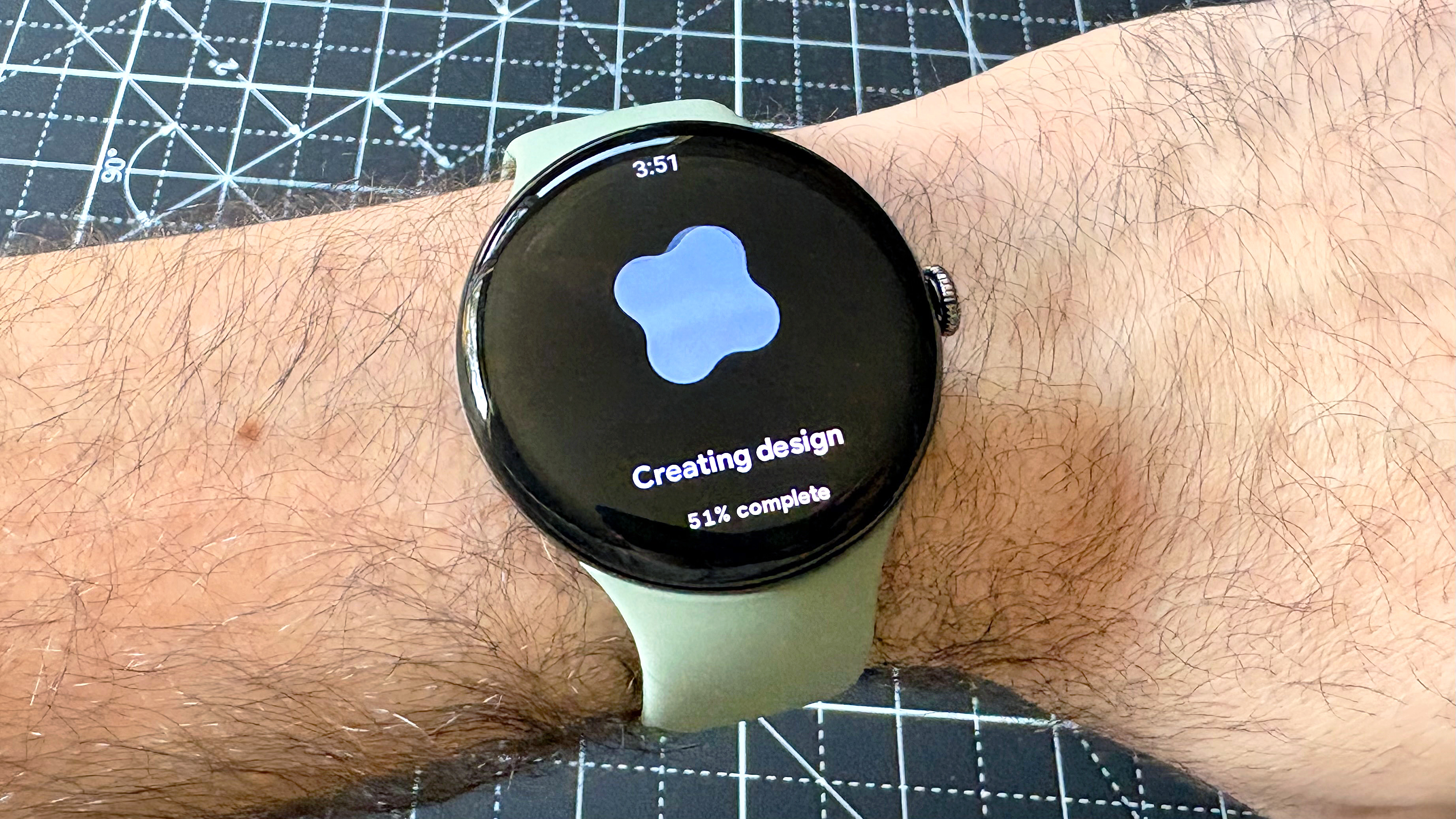 Close-up of the AI watch face generating feature on the Pixel Watch 5 smartwatch