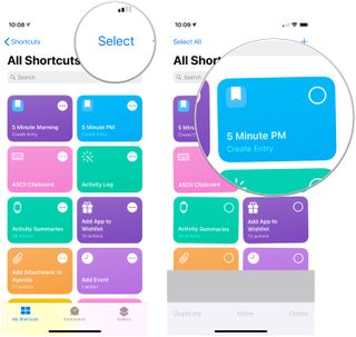 Organize Shortcuts in iOS 14, showing how to tap Select, then tap a shortcut