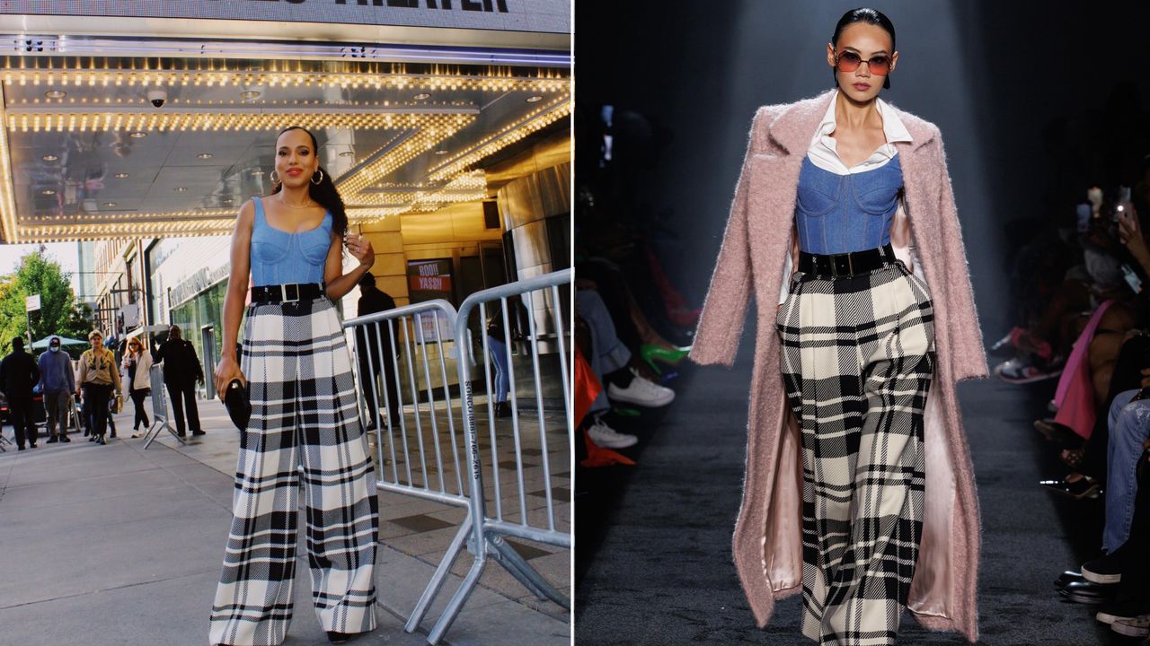 collage of Kerry Washington and a runway model wearing the same black and white plaid pants