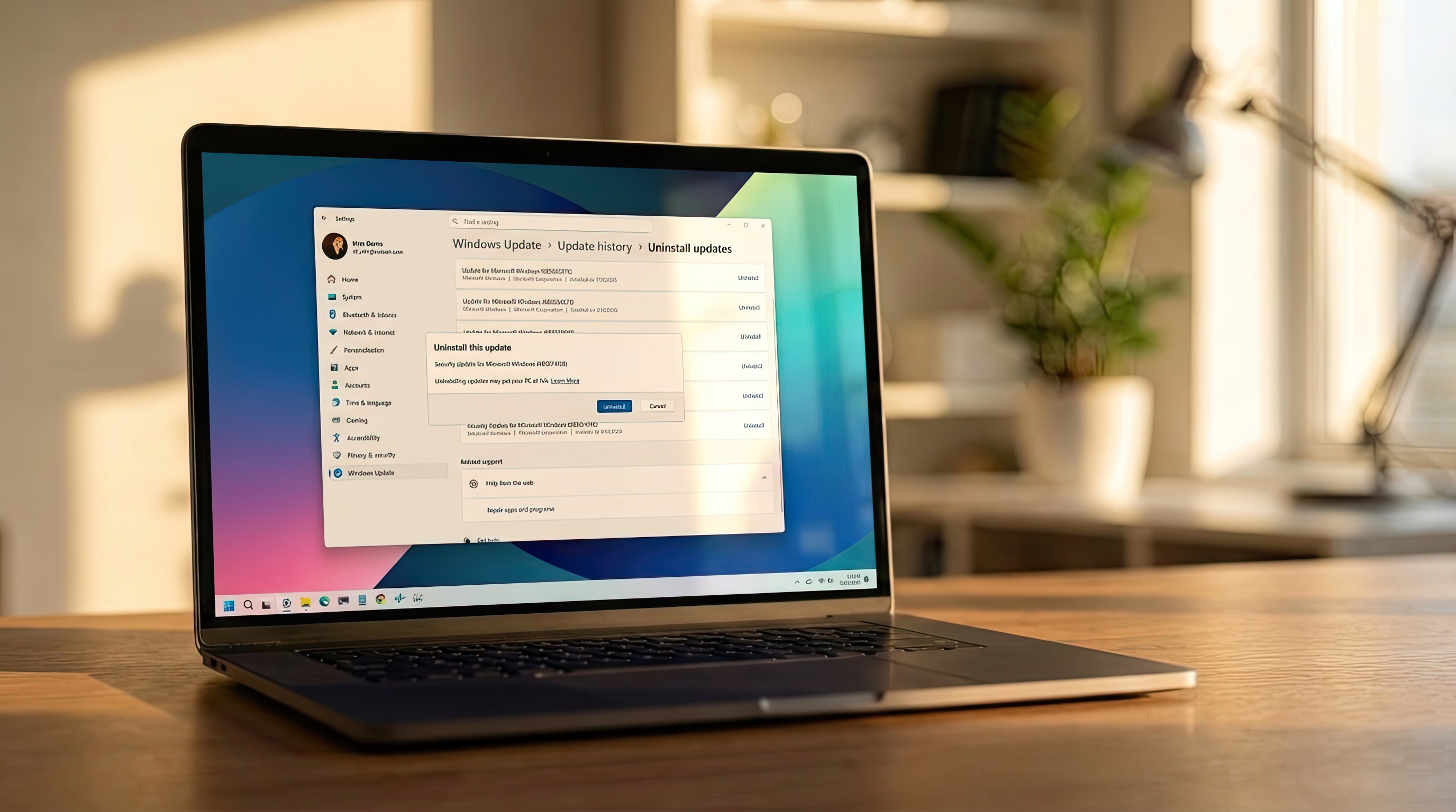 Laptop running Windows 11 in a modern office during golden hour.