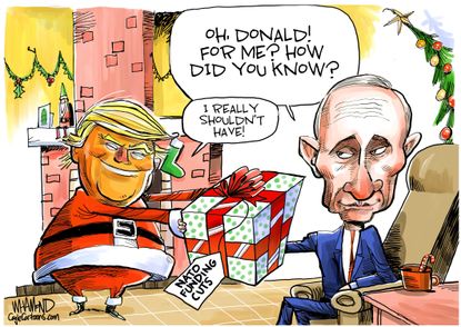 Political Cartoon U.S. Trump Putin Christmas Present Nato Funding Cuts