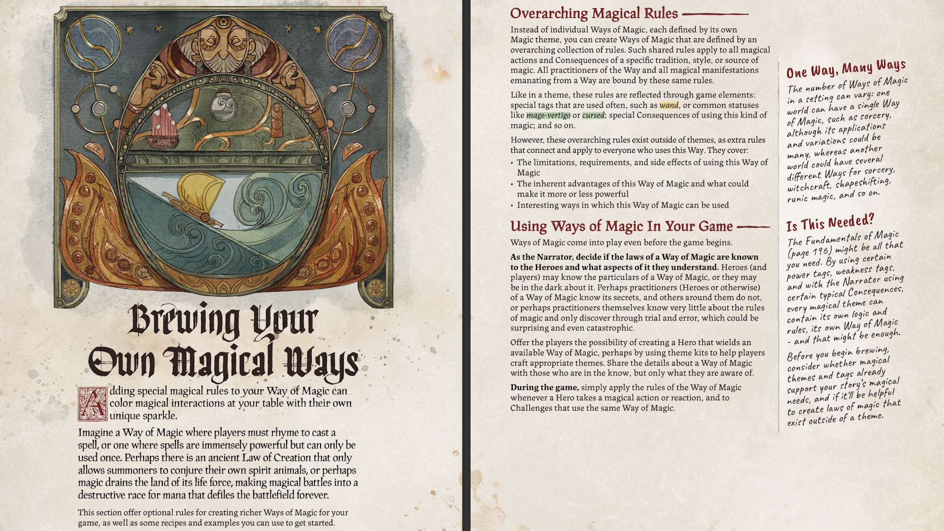 A highly stylized image of a ship at sea and more sit on a double-page spread of text against an aged parchment background